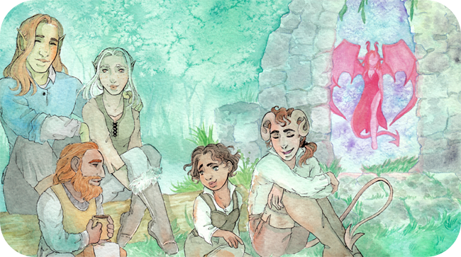 Illustrated banner of five people around a campfire